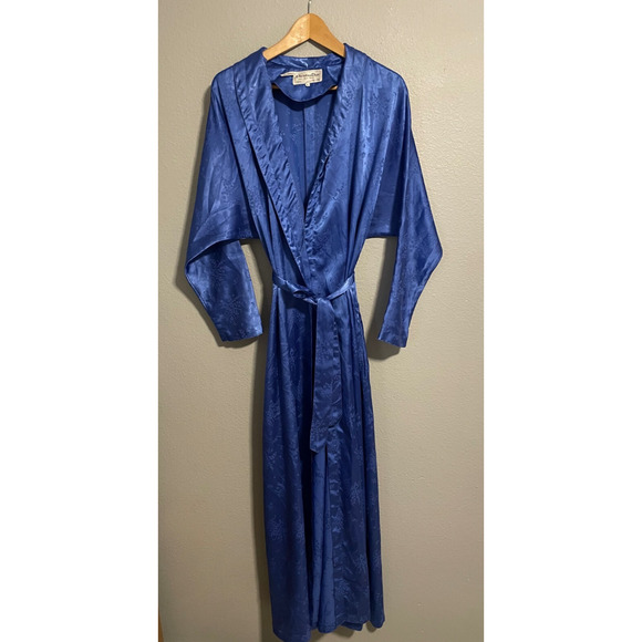 Vintage Christian Dior Womens Long Robe Large Blue Satin Floral Damask Romantic - Picture 1 of 8